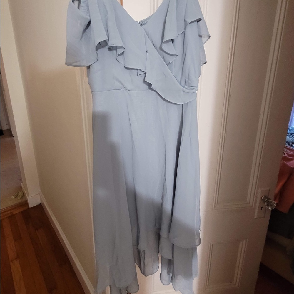 JJsHouse Dusty Blue 🩵 MIDI Off the Shoulder with Straps Dress - Picture 2 of 5